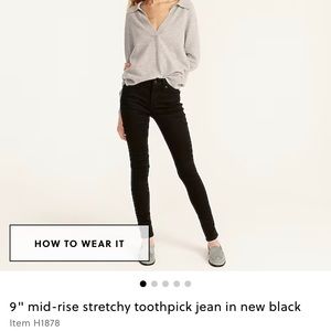 J Crew 9’’ toothpick high rise jeans in black